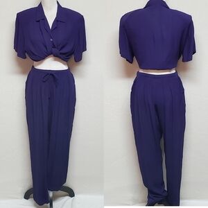 VINTAGE 90s Eggplant Purple Crinkle Material Two-Piece Jumpsuit Sag Harbor Med